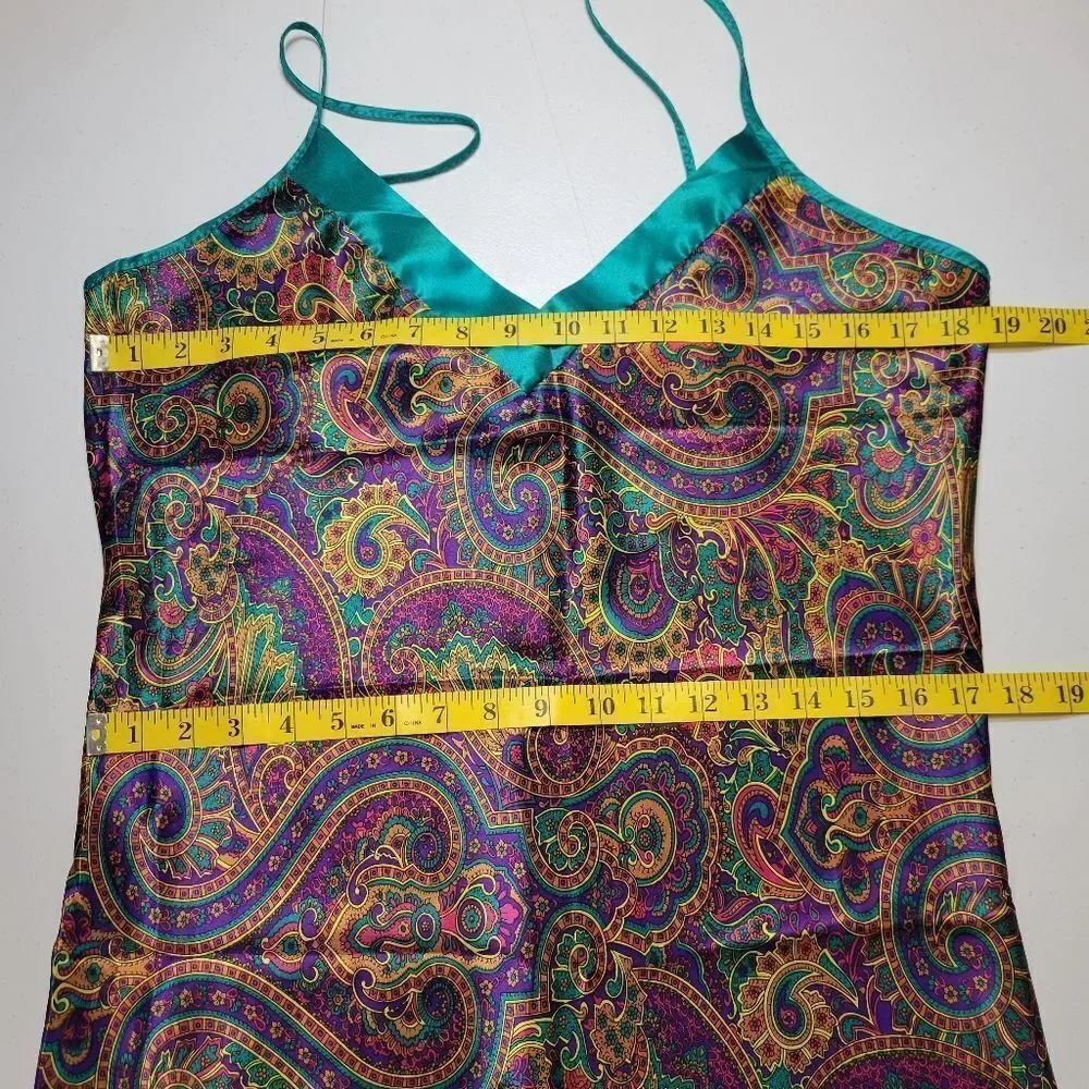Feather Bed Vintage 90s Vibrant Paisley Satin Slip Dress and Robe Purple Teal